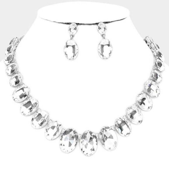 Oval Clear Crystal Link Evening Silver Necklace Set - Picture 4 of 6